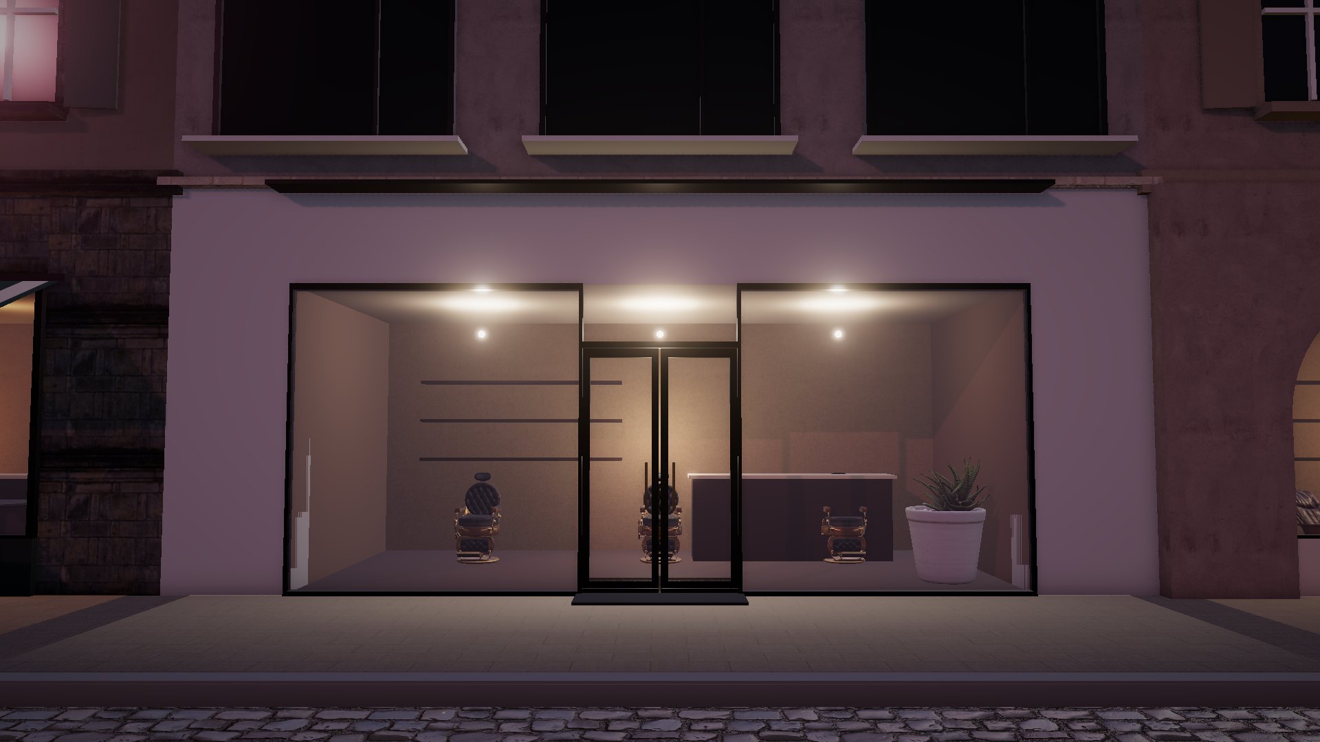 Démo : une rue au crépuscule, devant la façade d’un salon de coiffure, son enseigne encore vide