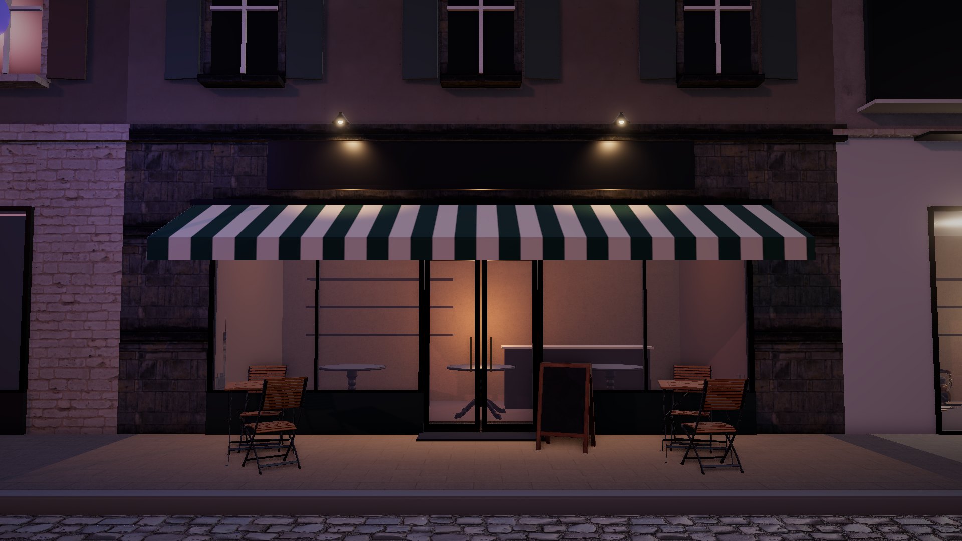 Démo : la façade d’un restaurant inventé, le soir, en 3D.