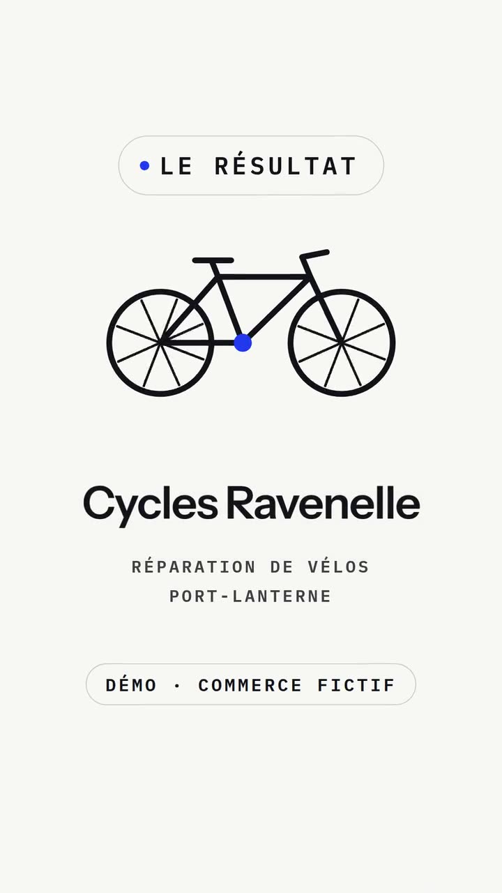 Démo : Cycles Ravenelle, un atelier vélo inventé : des mots qui bougent, un vélo dessiné, puis le nom du commerce.