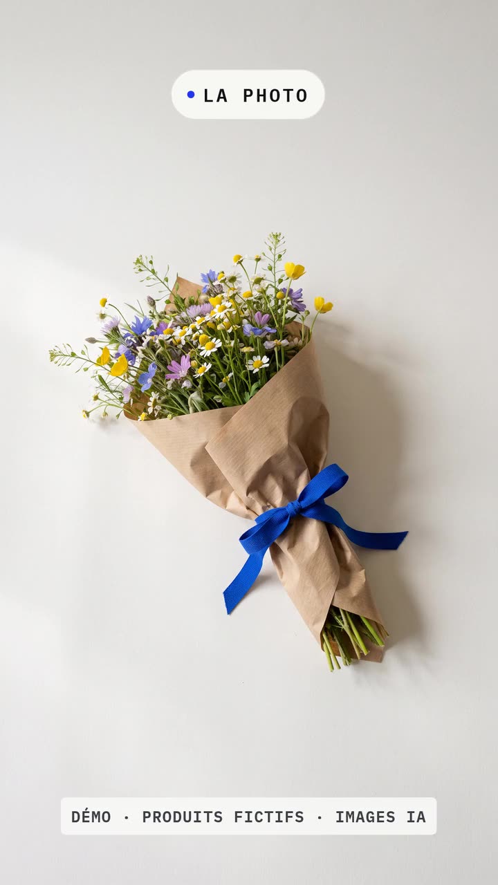 Démo : Un croissant, un bouquet, un flacon, un café et une bougie, inventés : chaque photo se met à bouger.