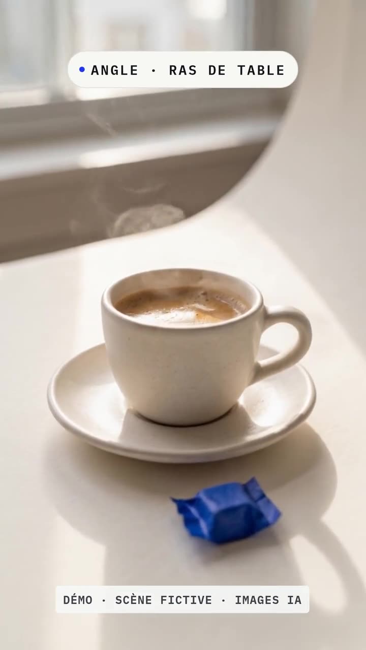 Démo : Une tasse de café filmée une fois, puis vue de dessus, en macro, au ras de la table et de dos.