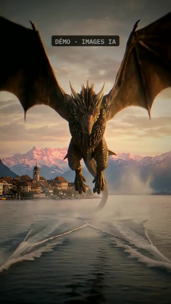 Démo : Un dragon immense survole le lac Léman au coucher du soleil, devant les Alpes, et file vers un village.