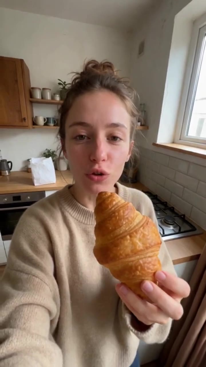 Démo : Une jeune femme inventée par IA, dans une cuisine, montre un croissant face caméra et en parle.