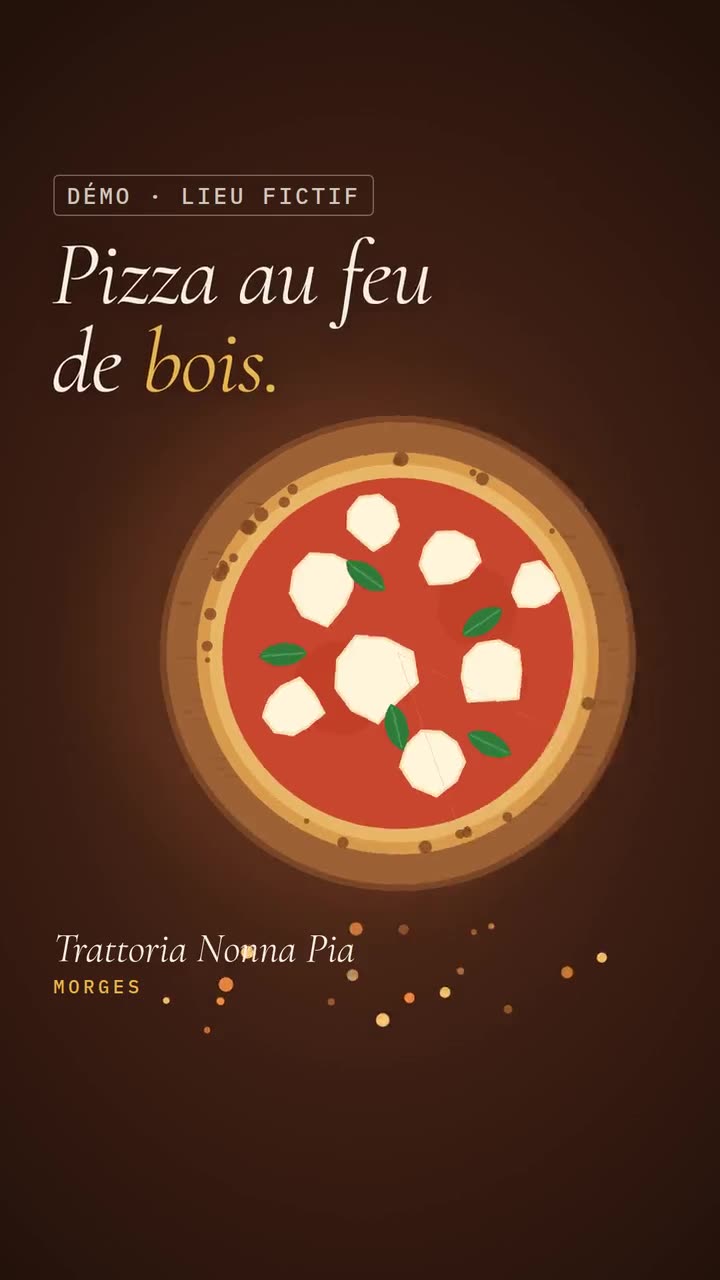 Démo : Trattoria Nonna Pia, un restaurant inventé : des pâtes, une pizza au feu de bois, un tiramisu, puis le bouton Réserver.